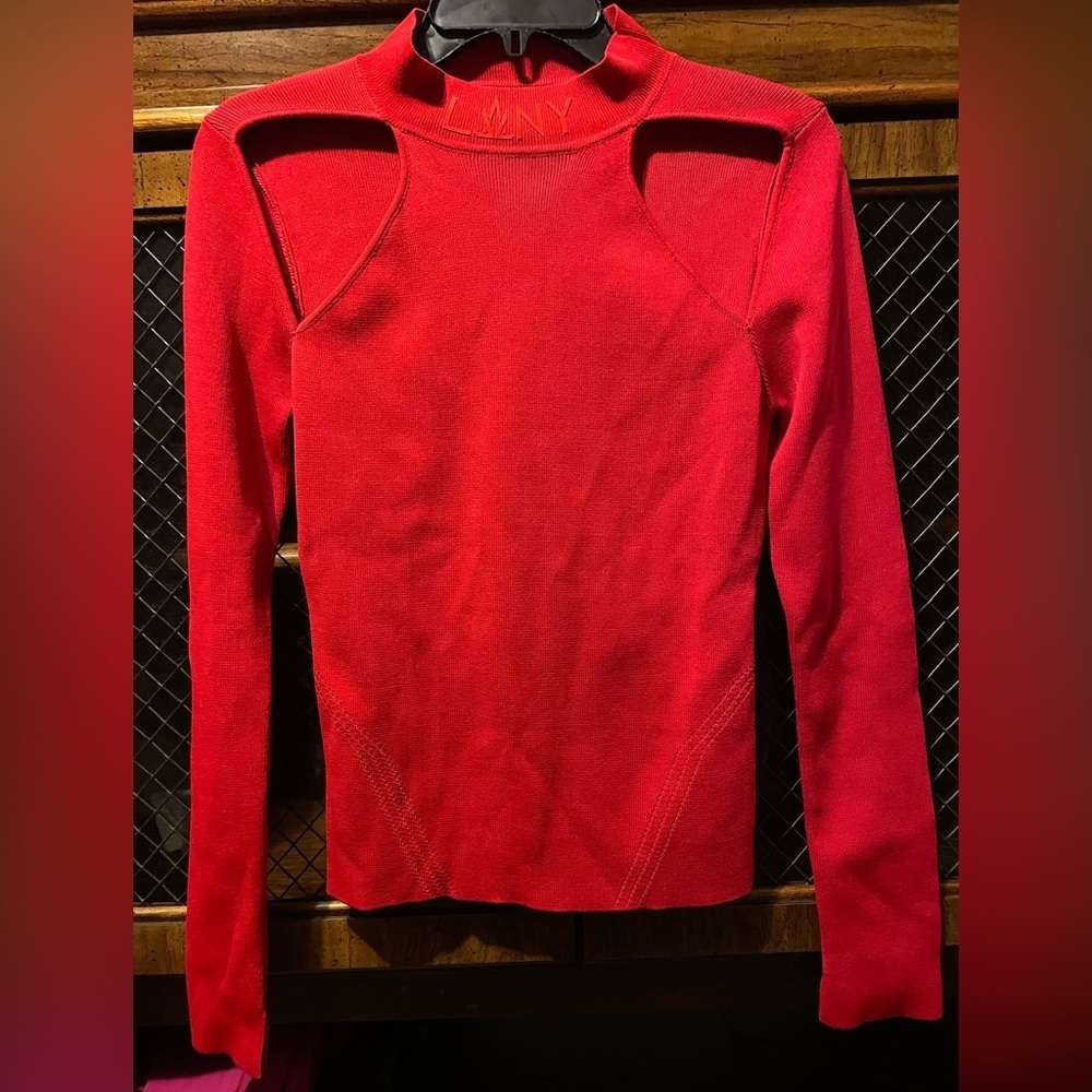 Red Women's sweater Top with open shoulder size Medium